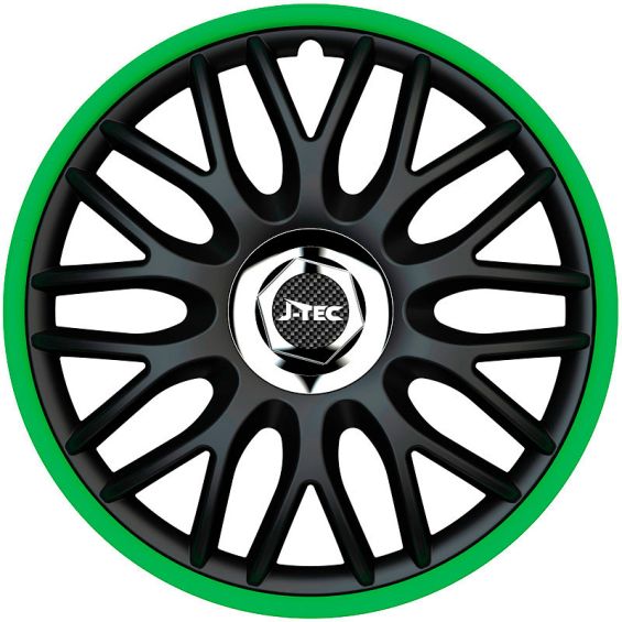 J-Tec 4-Delige Wieldoppenset Orden R 14-inch zwart/groen + chroom ring